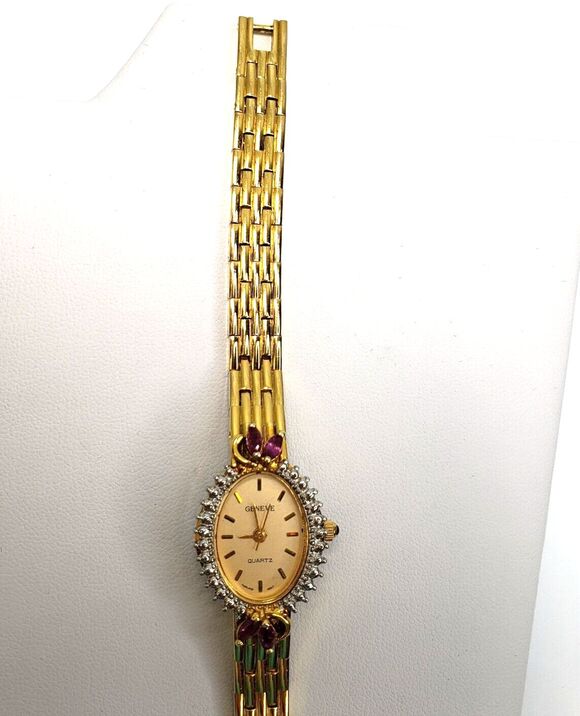 Vtg1960s Geneve Quartz Thailand Movement Gold Womens Oval Watch Rubies Hong Kong